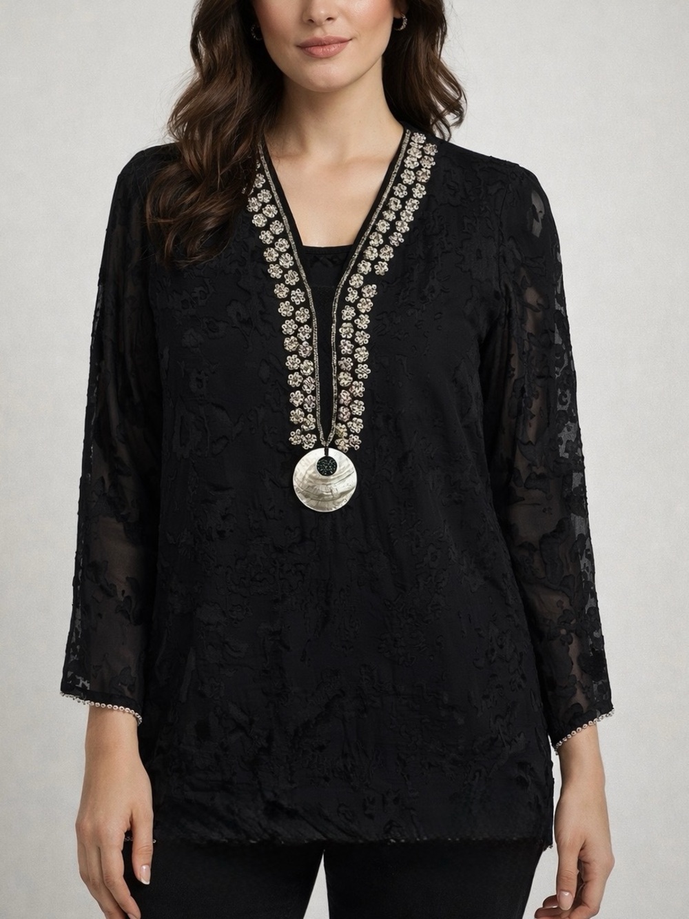 Silk Threads Black Silk Long Sleeve Sequined Semi Sheer Blouse Top Size XL
